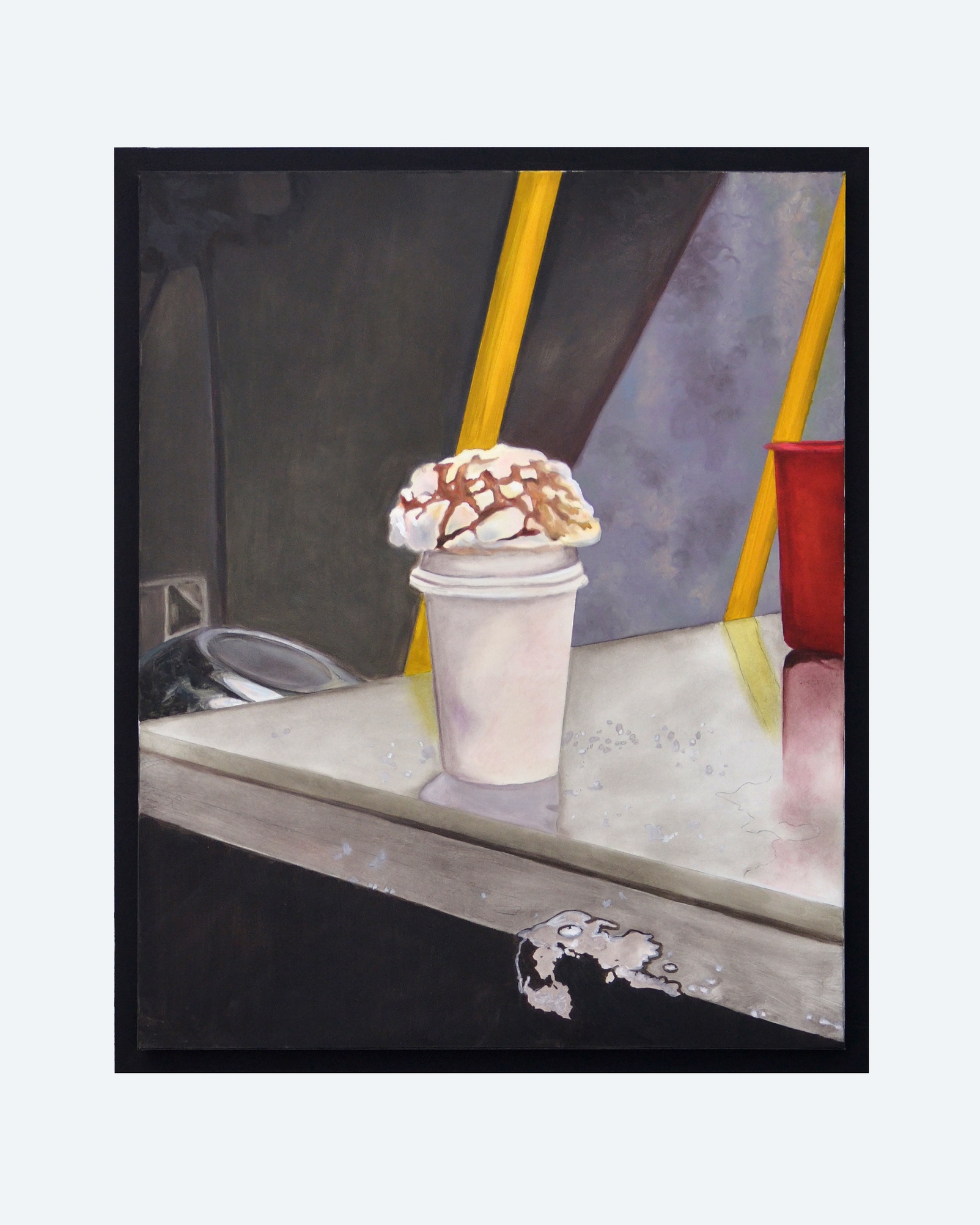 Detail image of an oil painting. The painting is made up of light to dark variation of gray with pops of bright yellow and red. The painting is of a concha pastry sitting on top of an unlabeled coffee cup. The coffee cup is placed at the edge of a stainless steel work fridge. In the background is the corner of a sanitizing bucket and the bottom of a metal champagne bucket. The sides of the oil painting are painted with black acrylic paint which extend beyond the object into a one inch border around the work.