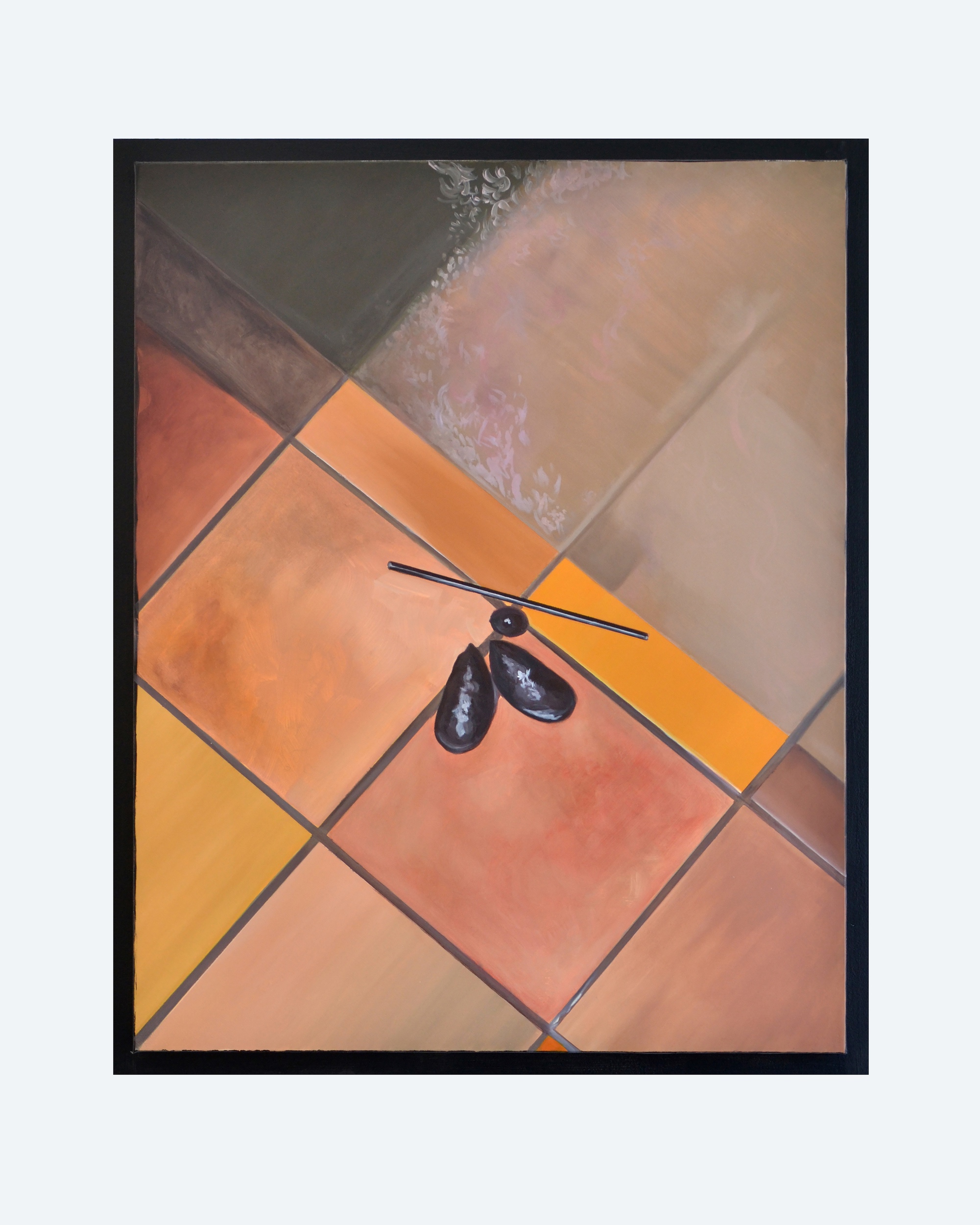 Detail image of an oil painting. The painting is composed of a mixture of high saturation makeup palette-type colors and different gradations of gray. It is painted from the perspective of someone looking downward. The painting is of a single splayed out mussel, one blueberry, and a plastic straw on top of saltillo tiles and next to a stainless steel refrigerator. The sides of the oil painting are painted with black acrylic paint which extend beyond the object into a one inch border around the work.