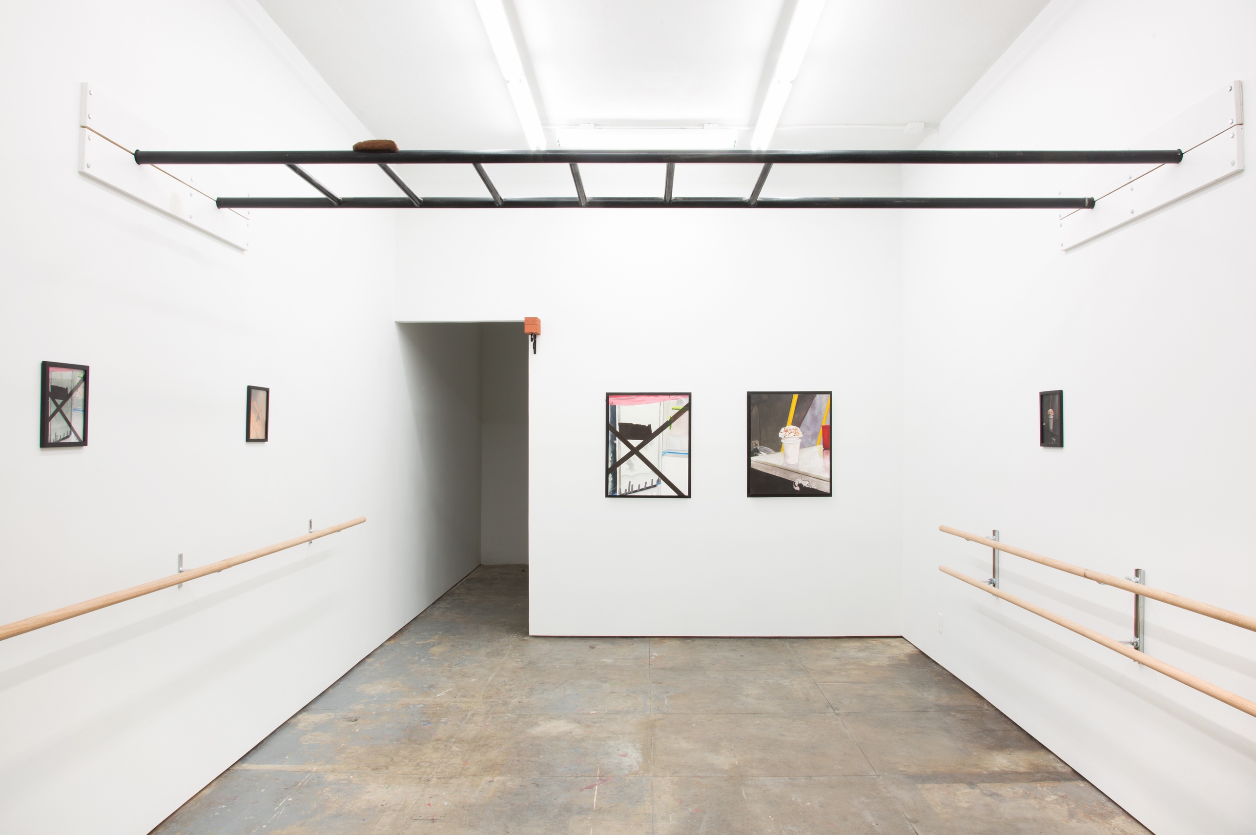 Installation image of Sparkling or still, an exhibition at In Lieu Gallery in Los Angeles. The picture is shot at a wide angle. The room is bright white with a gray concrete floor. There are two sets of ballet barres running along the walls and hung above them are 4 printed and framed images. The images are the reference photos for a series of four oil paintings that translate from the originals, also present within the room. Out-of-hand’s reach is a 300lb black steel monkey bar-like structure that runs from wall to wall. Resting on top of it is an unfired clay tablet which sits precariously on top of the structure.  The clay tablet has the 10 Commandments scratched onto the front and the back of the surface.